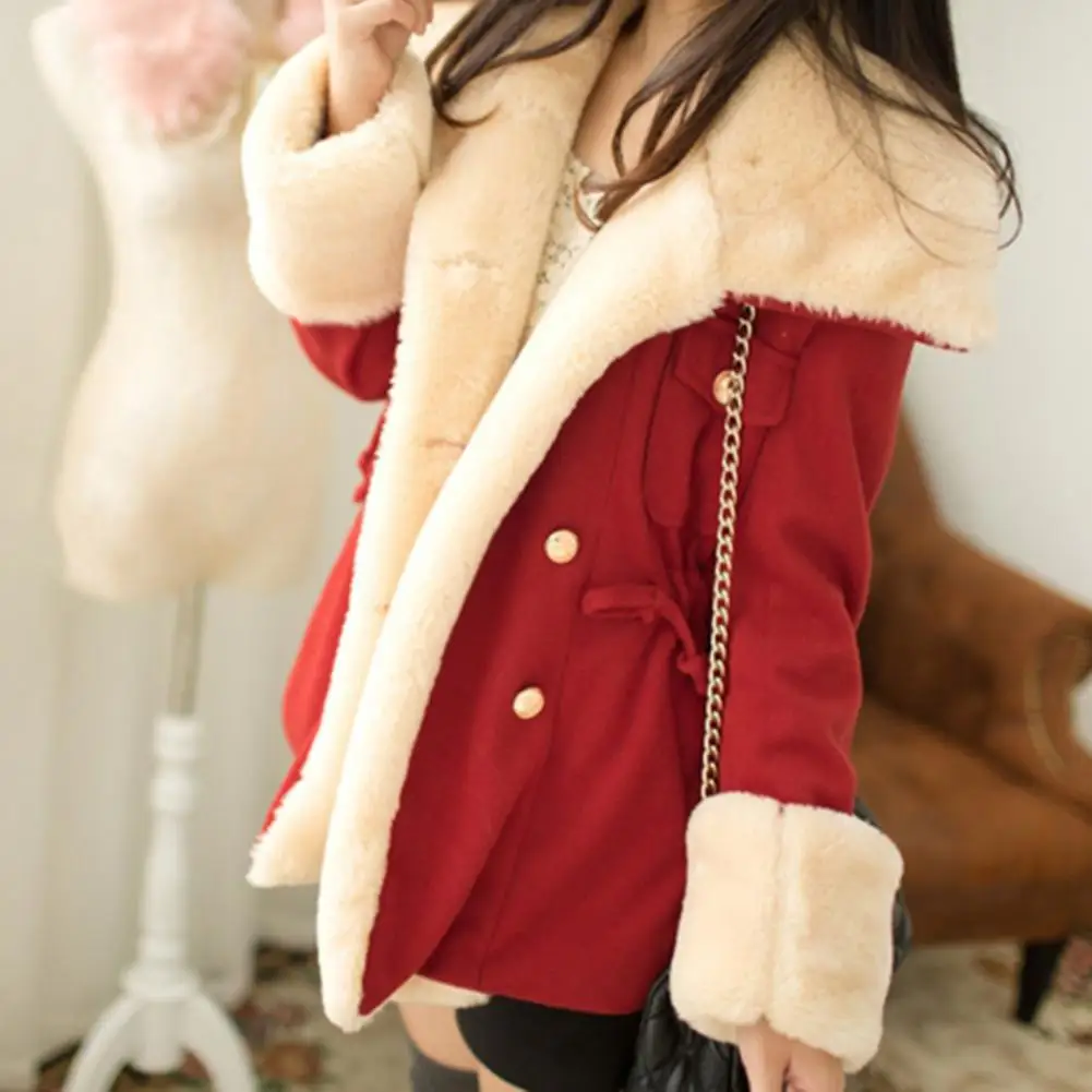 

Preppy Style flannel lined Women Coat Cardigan Plush Keep Warm Double Breasted Color Matching Lady Winter Coat Women Outwear