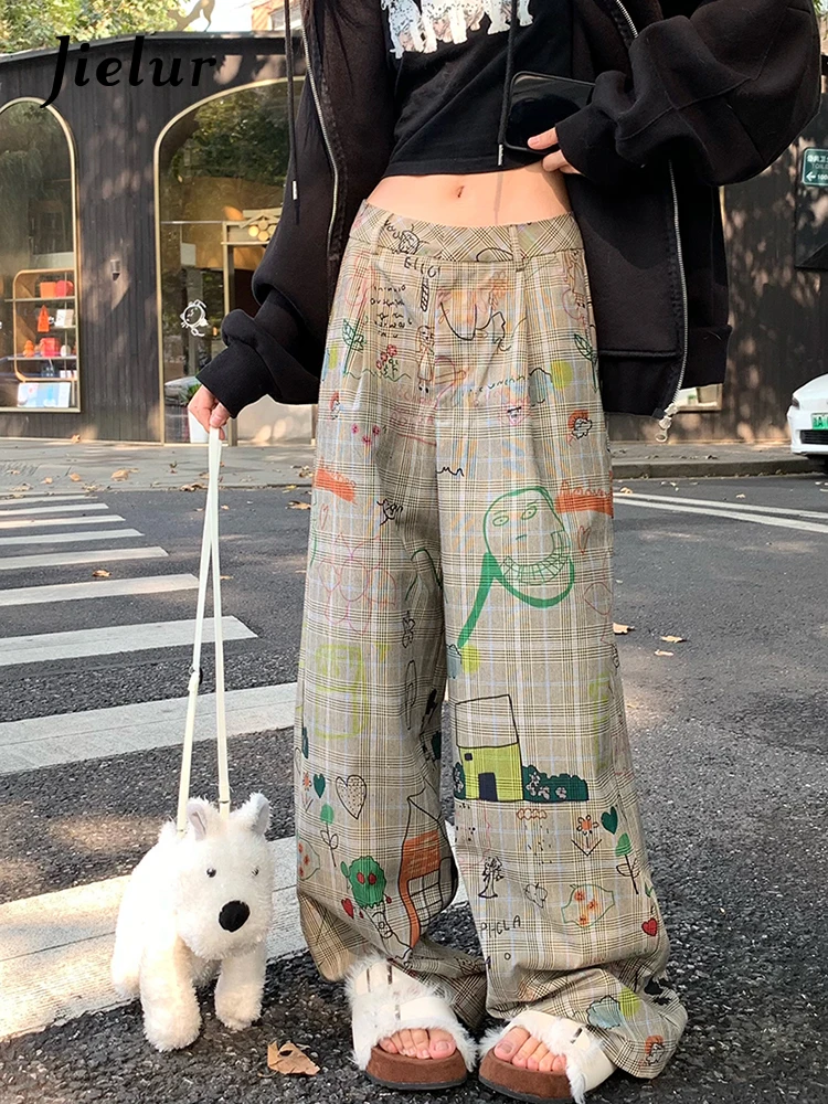 Jielur Korean Women's Retro Graffiti Suit Casual Pants Spring New Women Fashion High Waist Sweet Floor Sweeping Wide Leg Pants