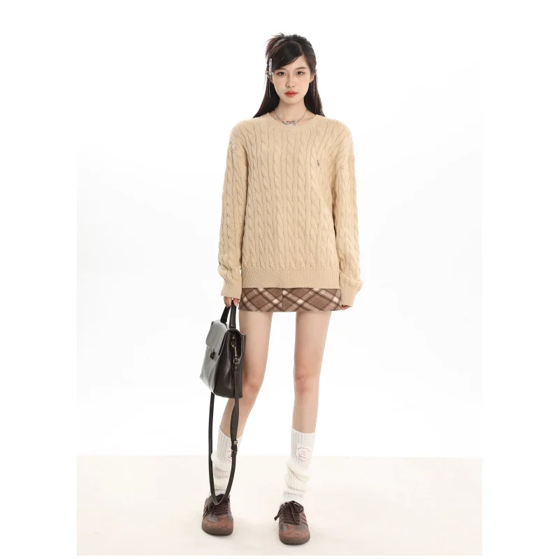 Women Clothing Vintage Knitting Sweater Khaki Round Neck Cotton Long Sleeve Lazy Style Pullover Fashion Female Winter NEW Tops