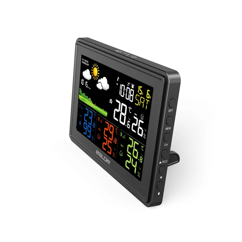 

Baldr Color LCD Weather Station Digital Temperature Humidity Meter Barometer DCF Alarm Clock Calendar Comfort 3 Remote Sensor