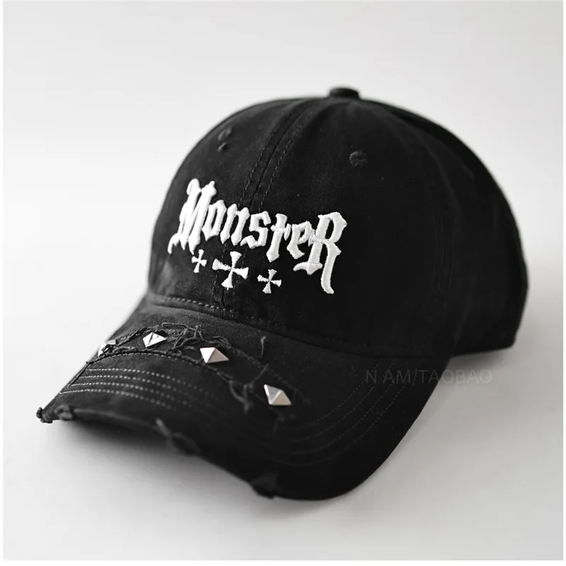 Gothic Y2K Style Baseball Cap with Monster Letter Embroidery and Distressed Studded Brim Unisex Dad Hats Vintage