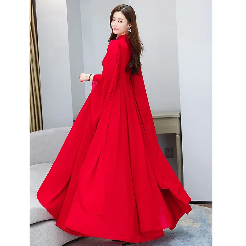 

4 Colors Spring Winter Plus Size Chiffon Half Cloak Sleeve Formal Dress for Women High-End Graceful Socialite Maxi Prom Dresses