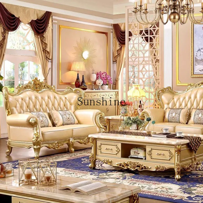 

European solid wood carving flower leather 123 combination sofa size apartment high-end luxury living room furniture set