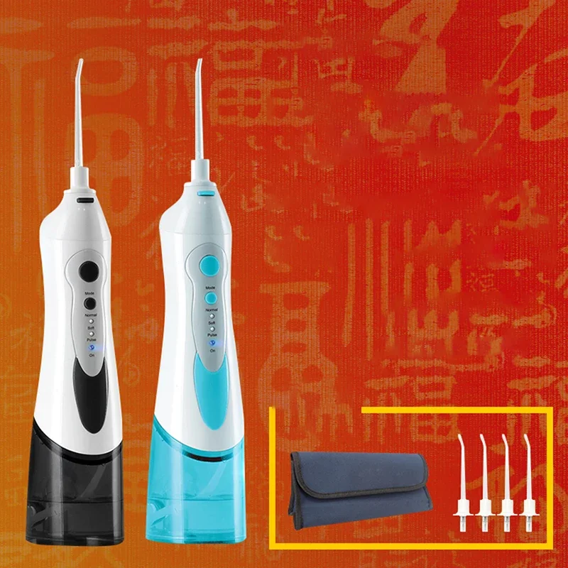 Irrigatore orale portatile a batteria con borsa da viaggio e 4 punte a getto, detergente per denti ricaricabile per acqua Flosser, impermeabile IPX7