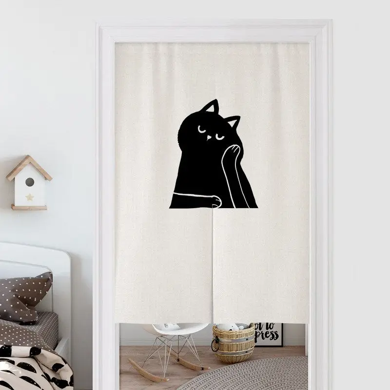 Simple Ins Style Black Cat Fabric Door Curtain Cute Cartoon Cat Half Curtain No Punching for Home Decor Door Curtain