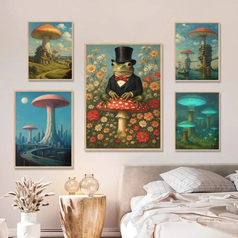 Trippy Mushroom Forest Print Surreal Psychedelic Nature Art Poster Fantasy Cottagecore Hippie Aesthetic Wall Decor for Bedroom