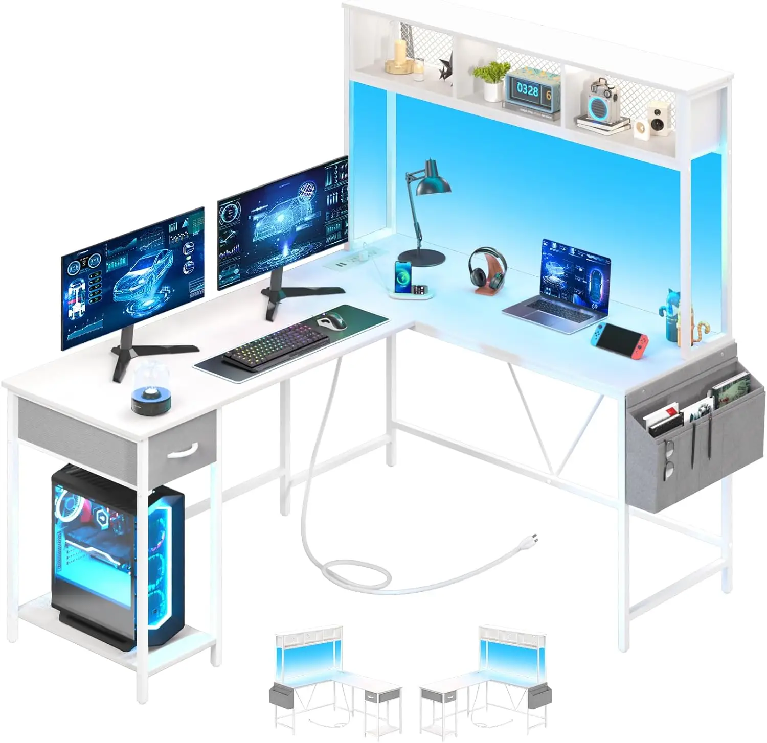 L Shaped Desk Gaming Desk with LED Strip & Power Outlet, Reversible L-Shaped Computer Desk with Storage Shelf & Drawer, Corner