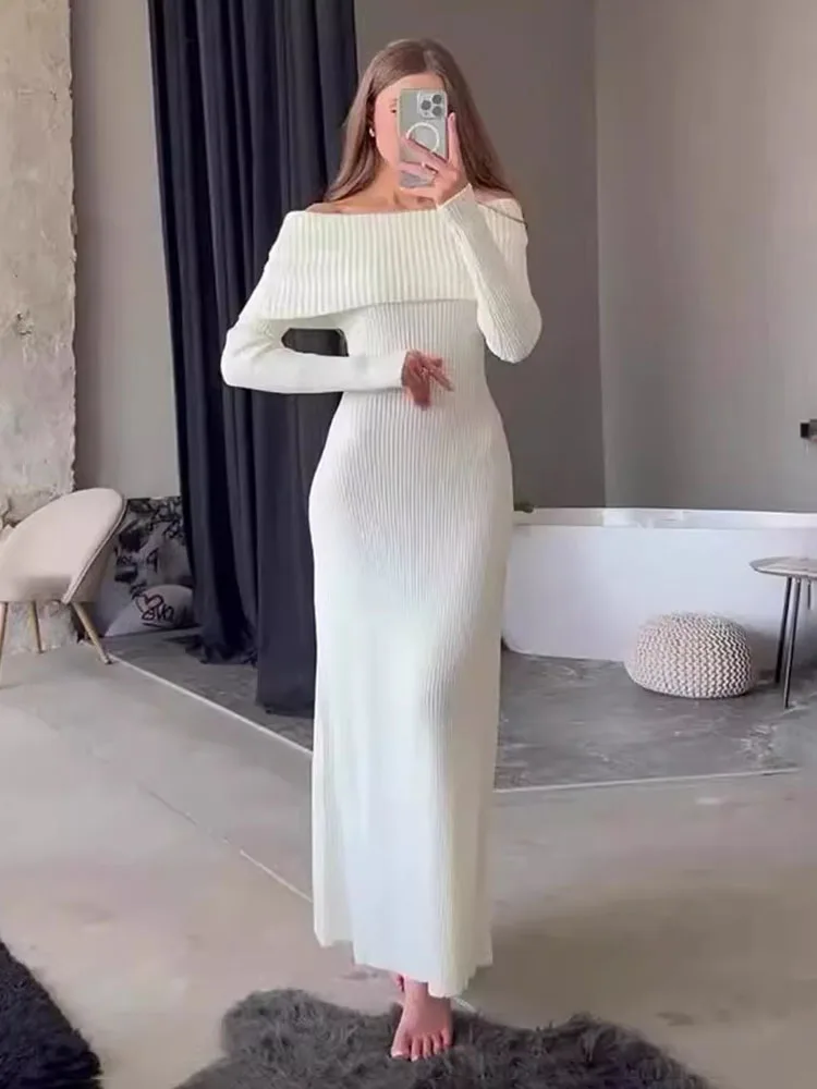 TARUXY Sexy One-shoulder Knitted Dress Women\'s Long-sleeved Elegant Slim Maxi Sweater Dress Autumn Winter Solid Color 2024 New