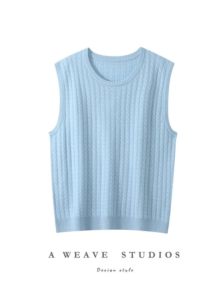 

TLOML New Women 100% Cashmere Sweater O-neck Waistcoat Cable Knitting Pullover Autumn Winter Warm Soft Knitwear Sleeveless Vest