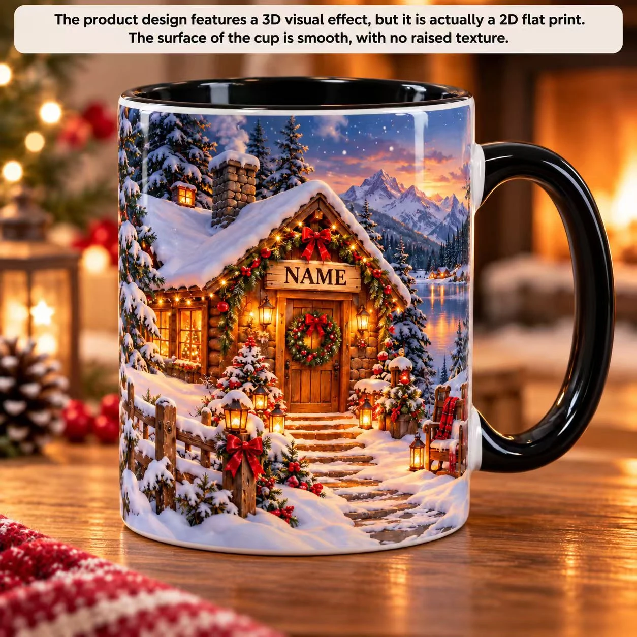 2D Flat Printing 1pc 11oz Personalized Name Christmas Cabin Mug, Christmas Holiday, Home Living Room, Family, Hand Wash Only