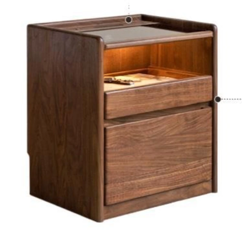 طاولة بجانب السرير من الخشب الصلب، طراز فاخر خفيف مع مقبس، خزانة صغيرة بجانب السرير، خزانة بأدراج منزلية من خشب الجوز الأسود #1