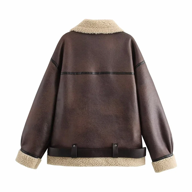 Faux Leather Loose Lady Jacket Cool Moto Street Style Lapel PU Coat Famale Fashion Streetwear Solid Winter Women Warm Outerwear