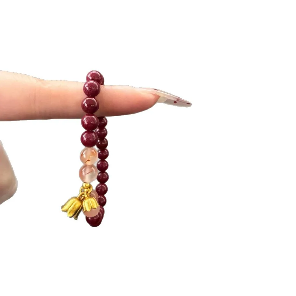 Chinese Style Lucky Cinnabar Icy Floating Flower South Red Agate Bell Orchid Charm Bracelet For Women Blessing Wealth Good Luck