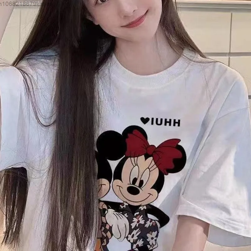 Disney Mickey Minnie Cartoon Print Pure Cotton Short Sleeved T-shirt Women's Summer Korean Style Loose Versatile Round Neck Top