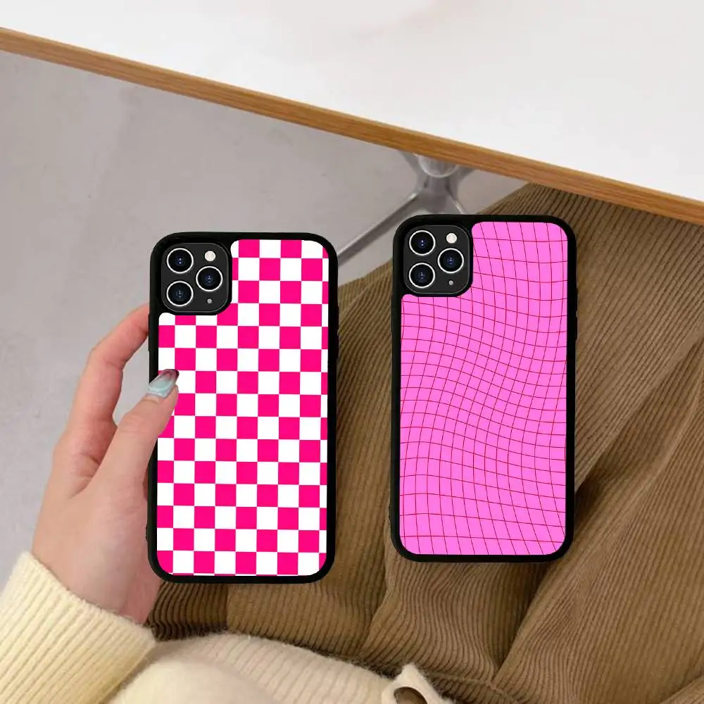 Pink Grid For iphone 17 Air 16 15 14 13 12 11 Pro Max TPU+PC Plus Shockproof Back Phone Cover