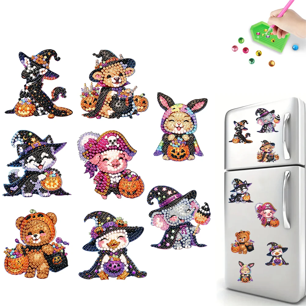 

8Pcs Acrylic Halloween Animals Fridge Stickers Diamond Art Magnets Decals Diamond Painting Fridge Magnet for Fridge Whiteboards