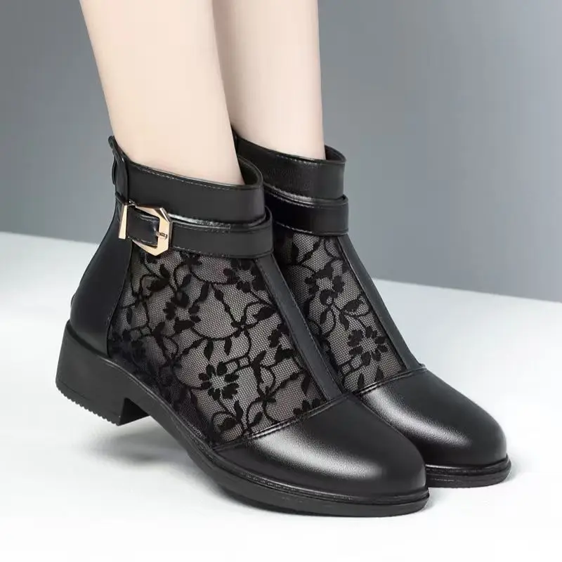 Ladies Pointed Toe Ankle Boots Woman Designer PU Leather and Mesh Combined Shoes Female Elegant Booties with Buckle Back Zip