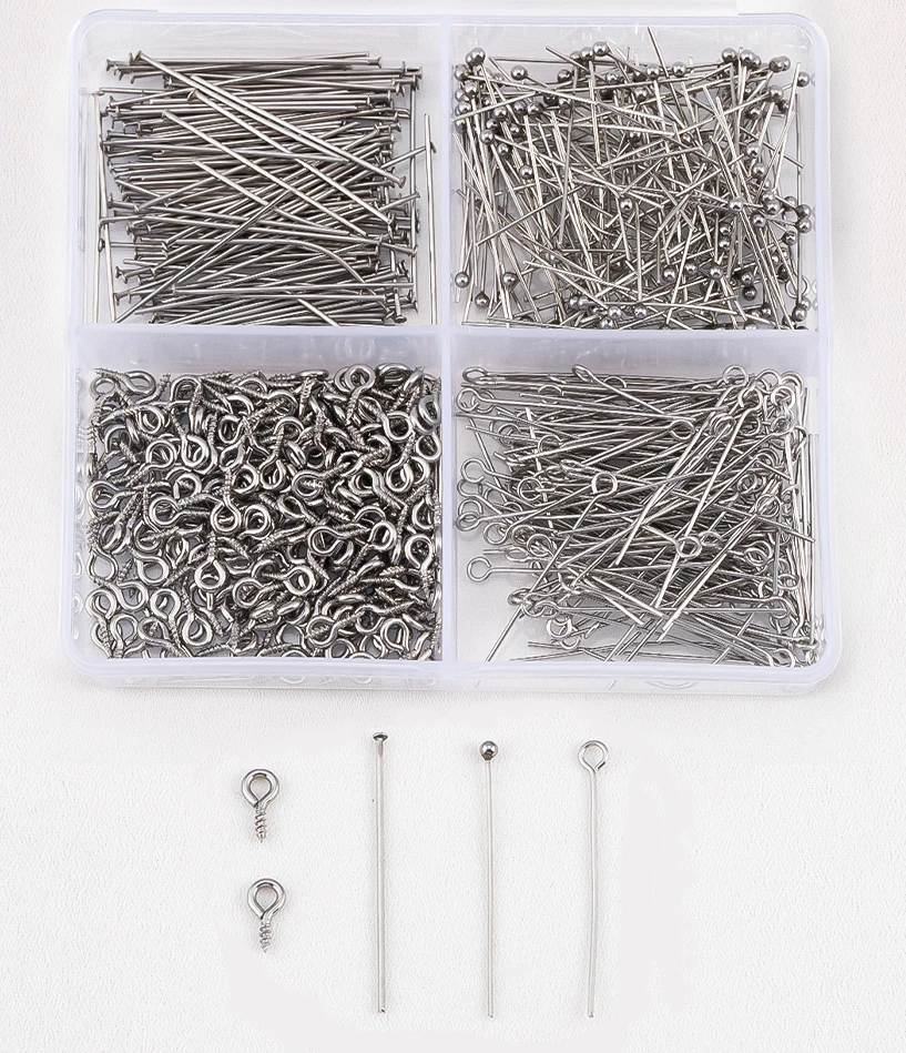 1Box Stainless Steel Connector DIY Jewelry Making Component Accessories Set 9 Pins Flat Head Pin Headpin Screw Eye Pins Earrings