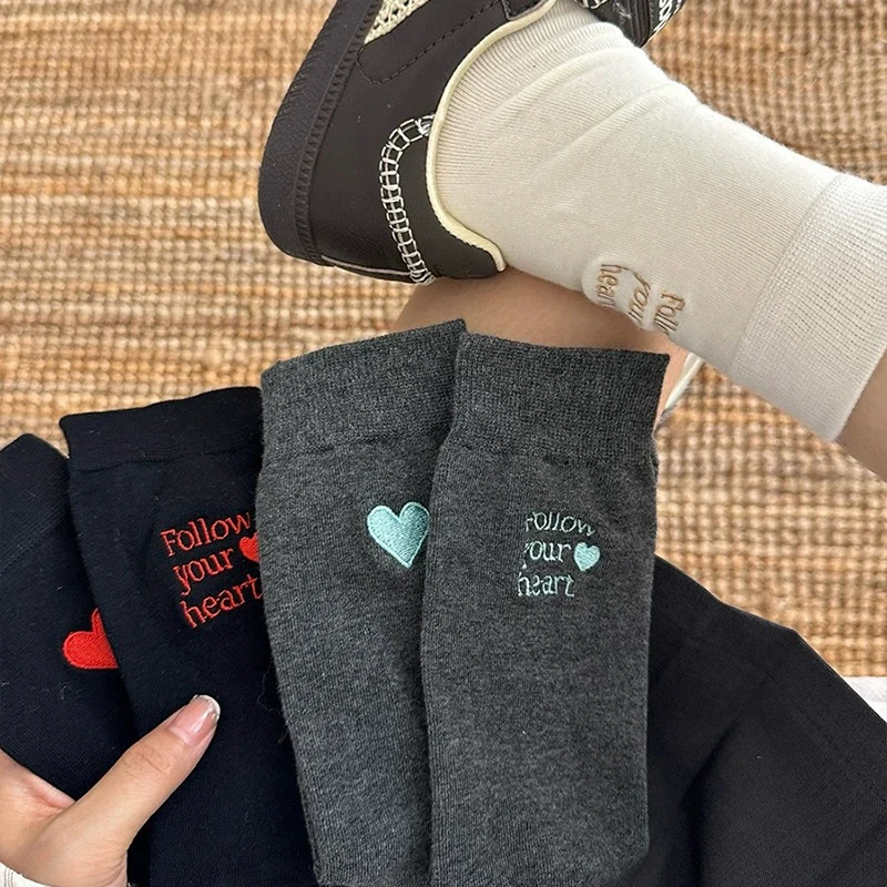 1 Pair Embroidered Couple Winter Socks With Heart Letter Design High Elasticity Mid-tube Anti-slip Sport Socks