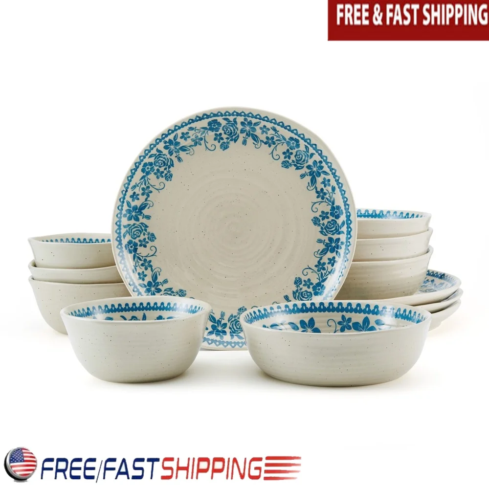 

12-Piece Stoneware Dinnerware Set Microwave Dishwasher Safe Floral Border Casual Table Setting Service 4 Modern Coupe Design