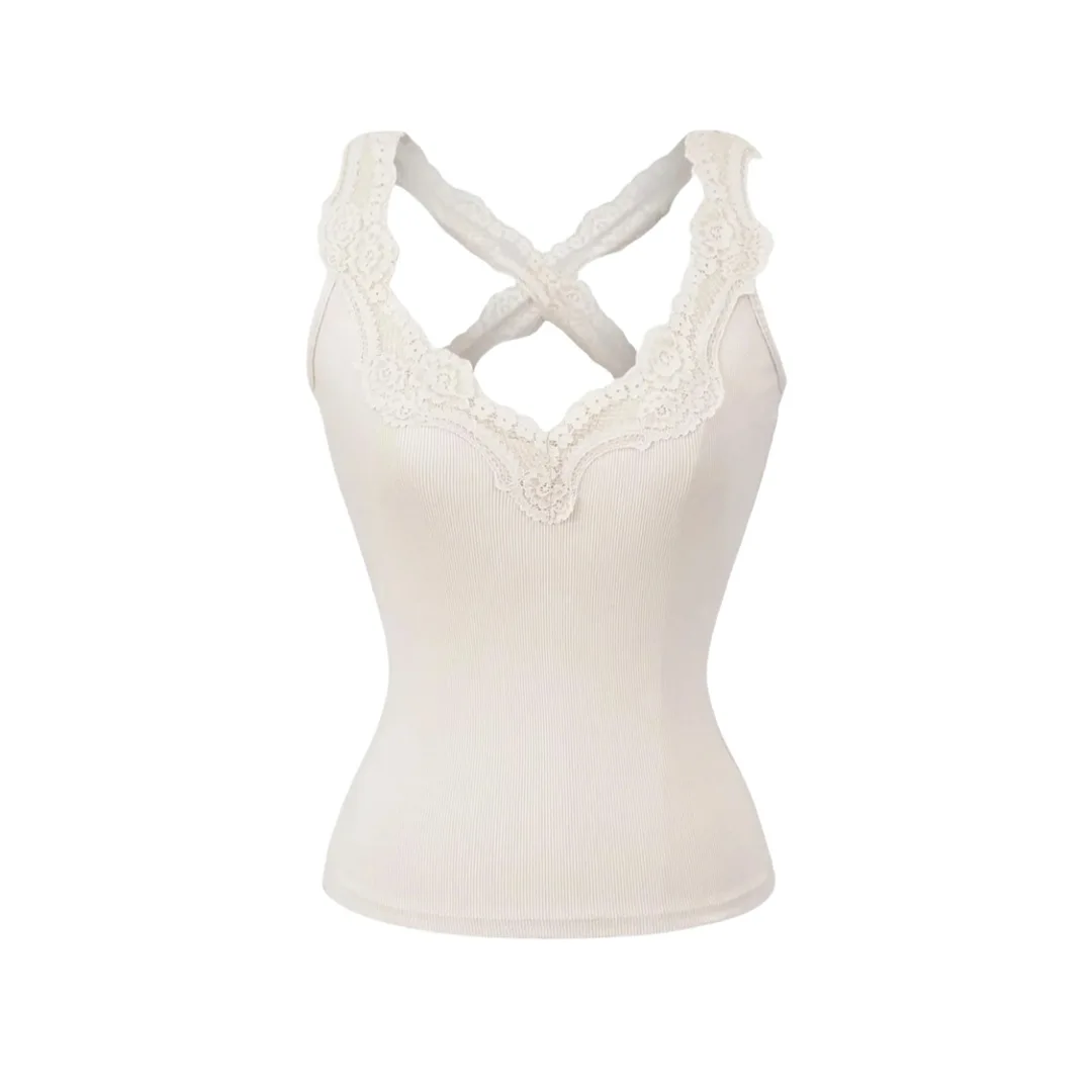 Damska kamizelka bez rękawów z krzyżową koronką i prążkowaną kamizelką