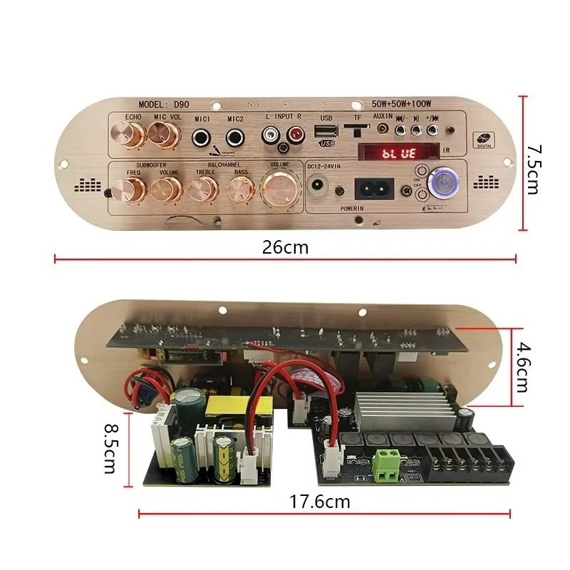 Portable 2.1 channel 50Wx2 100W 12V HIFI Bluetooth audio amplifier board supports karaoke microphone