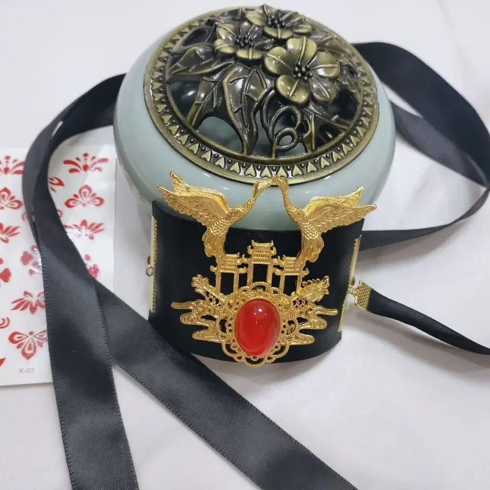 Black Warrior Swordsman Hair Crown Accessories With Red Diamond Ribbon Head Gear Prince Coronet Hanfu Cosplay Kung Fu Favors