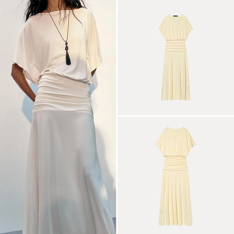 Fashionable Short Sleeve Slim Fit Dress Women's Summer New Arrival Two Color Casual Gown with Pleats Zadata Ladies Dress