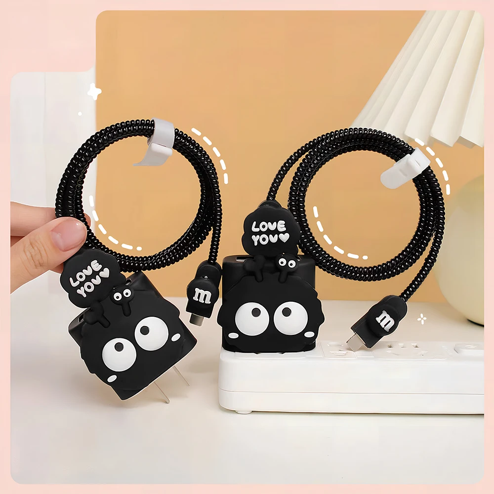 Cute Cartoon Black Case For iPhone 18W 20W Adapter Charger Head Data Cables Protective Cover Winder Accessories Kit New