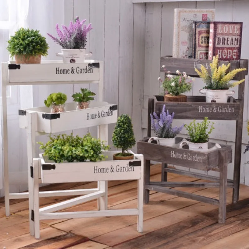 Retro old flower stand, living room indoor multi-layer solid wood balcony floor-to-ceiling ladder succulent plant wooden flower