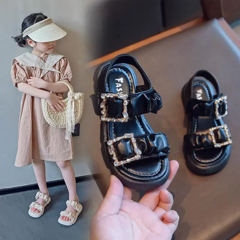 Girl Flat Shoes Summer Fashion Children Princess Shoes Rhinestone Buckle Open Toe Fashion Sandals Little Girl Shoes Black