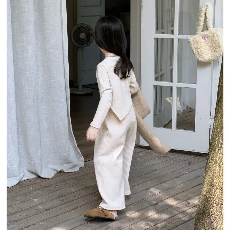 2026 Autumn Girls' Knitted Solid Color Soft Sticky Irregular Top and Elastic Waist Pants Two Piece Set