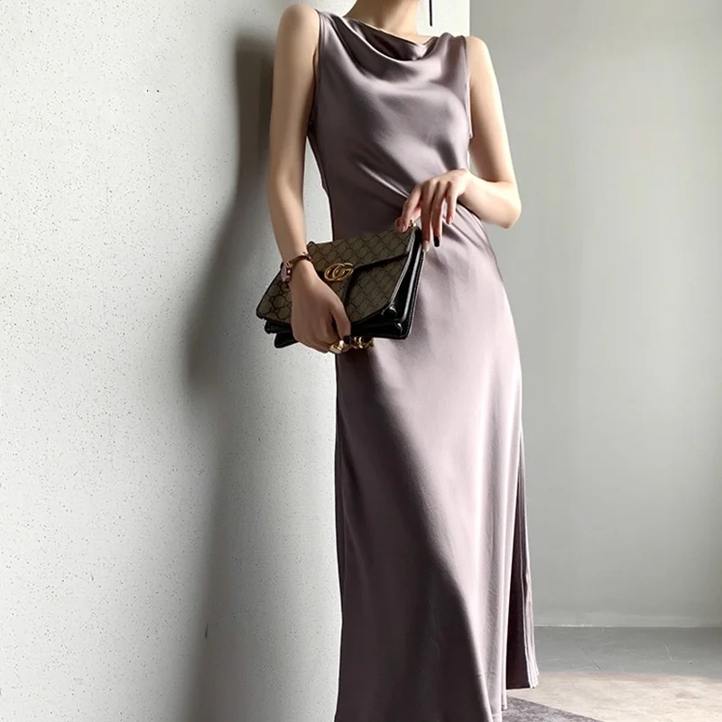 BirdTree OEKO-TEX 100%  Silk Dress,Women Satin Swinging Collar Sleeveless Dresses,2025 Summer Elegant Dresses D5O110JF