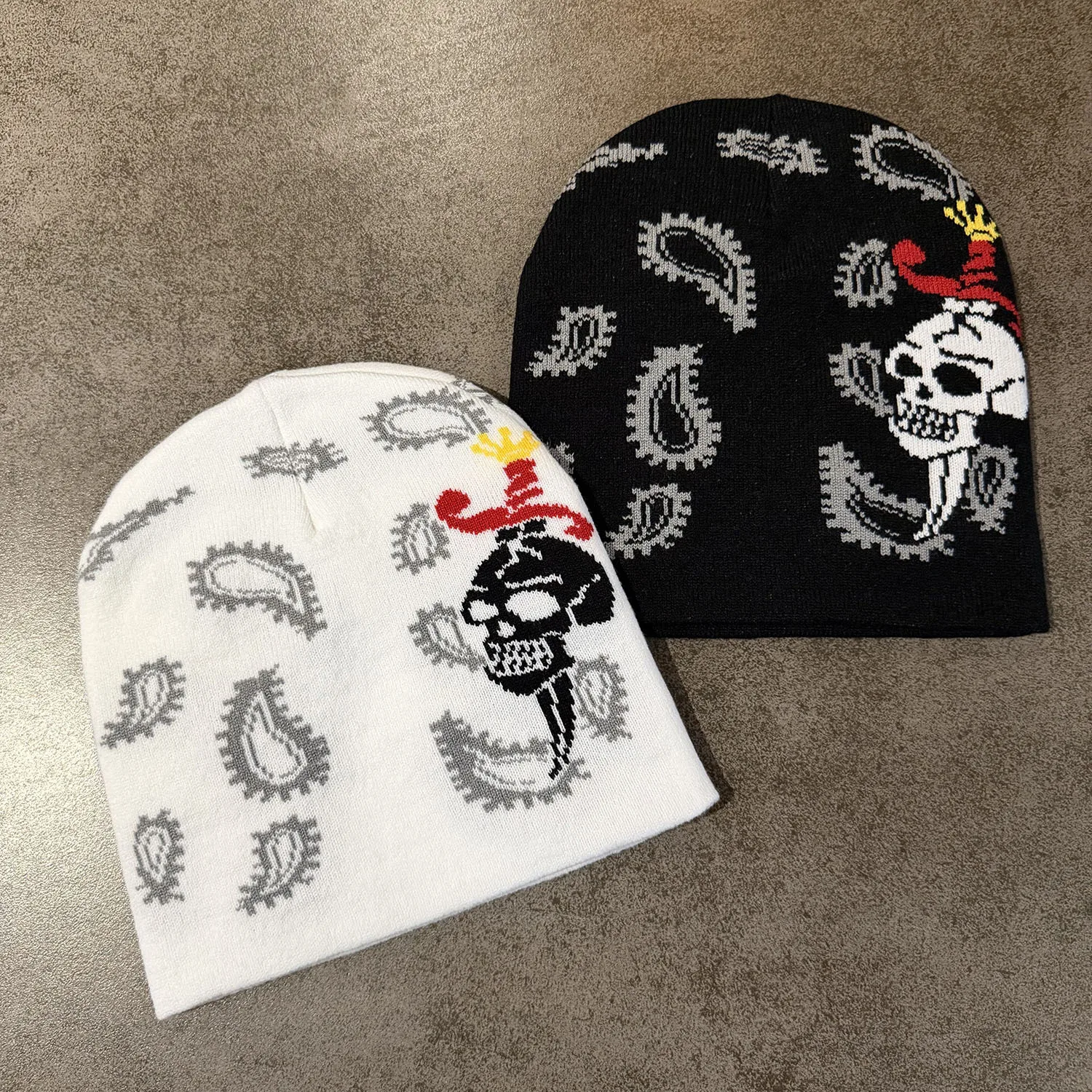 Halloween Jacquard Cashew Flower Skull Knitted Hat Unisex Warm Color Block Beanie Fashion Street Style Versatile Autumn Winter C