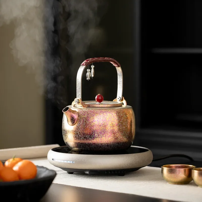 Pure Titanium Beam Pot Champagne Gold Kettle for Tea Room Fireplace Boiling Outdoor Camping Teapot High Grade Tea Set