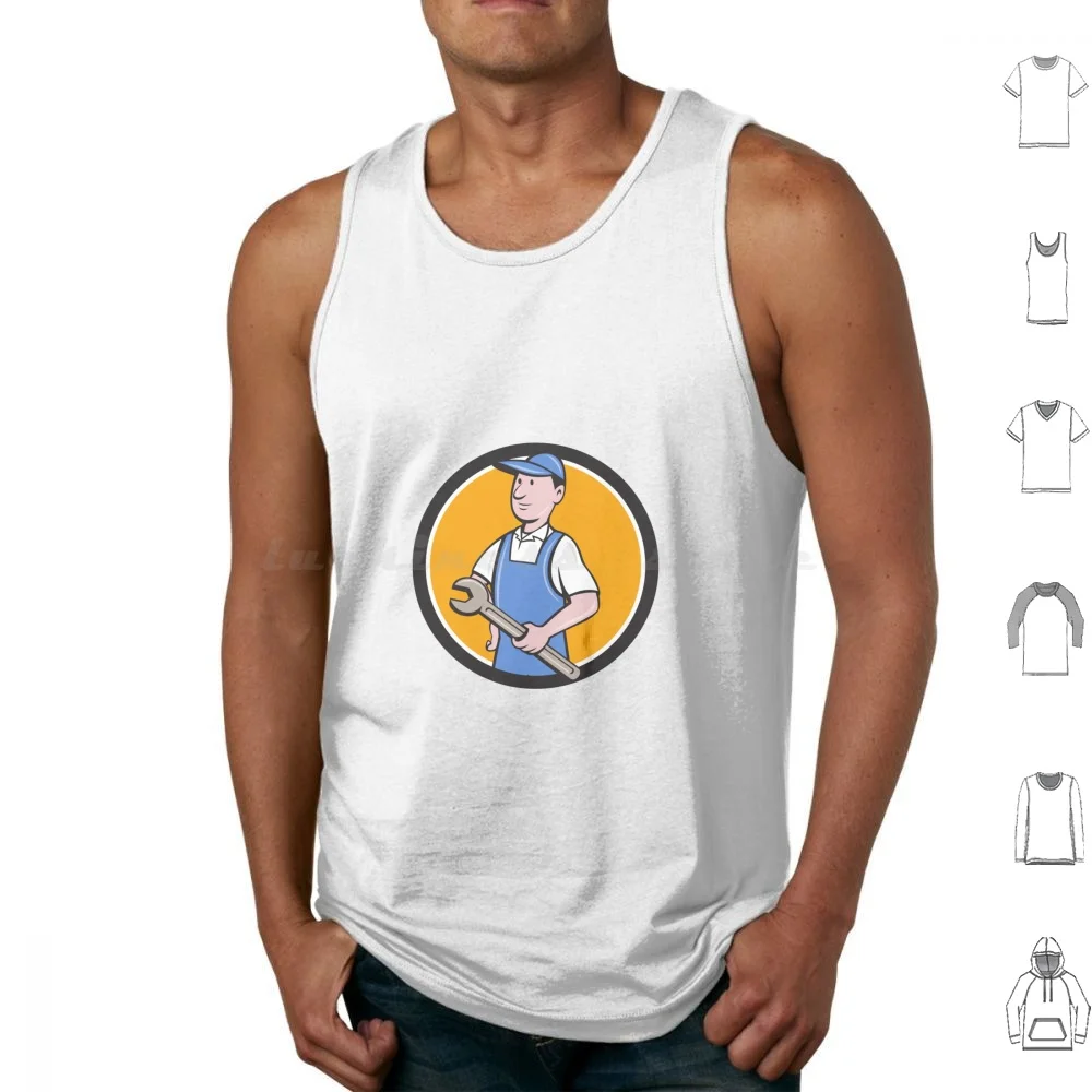 Repairman Holding Spanner Circle Cartoon Tank Tops Vest Sleeveless Repairman Handyman Worker Tradesman Spanner Wrench Carry