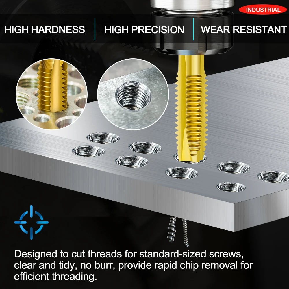 Mão direita rosca reta flauta torneira, revestimento de titânio, parafuso torneira para métrica, ponto espiral, ferramentas manuais de metal, HSS, M2-M18, 1-7pcs