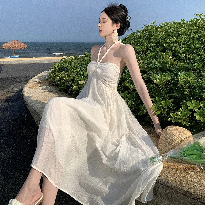 Ele Travel Vaion Dr Hanging Ne Strapl Skirt High Waist A-Line Polyester Summer 2023 Busin Home Use