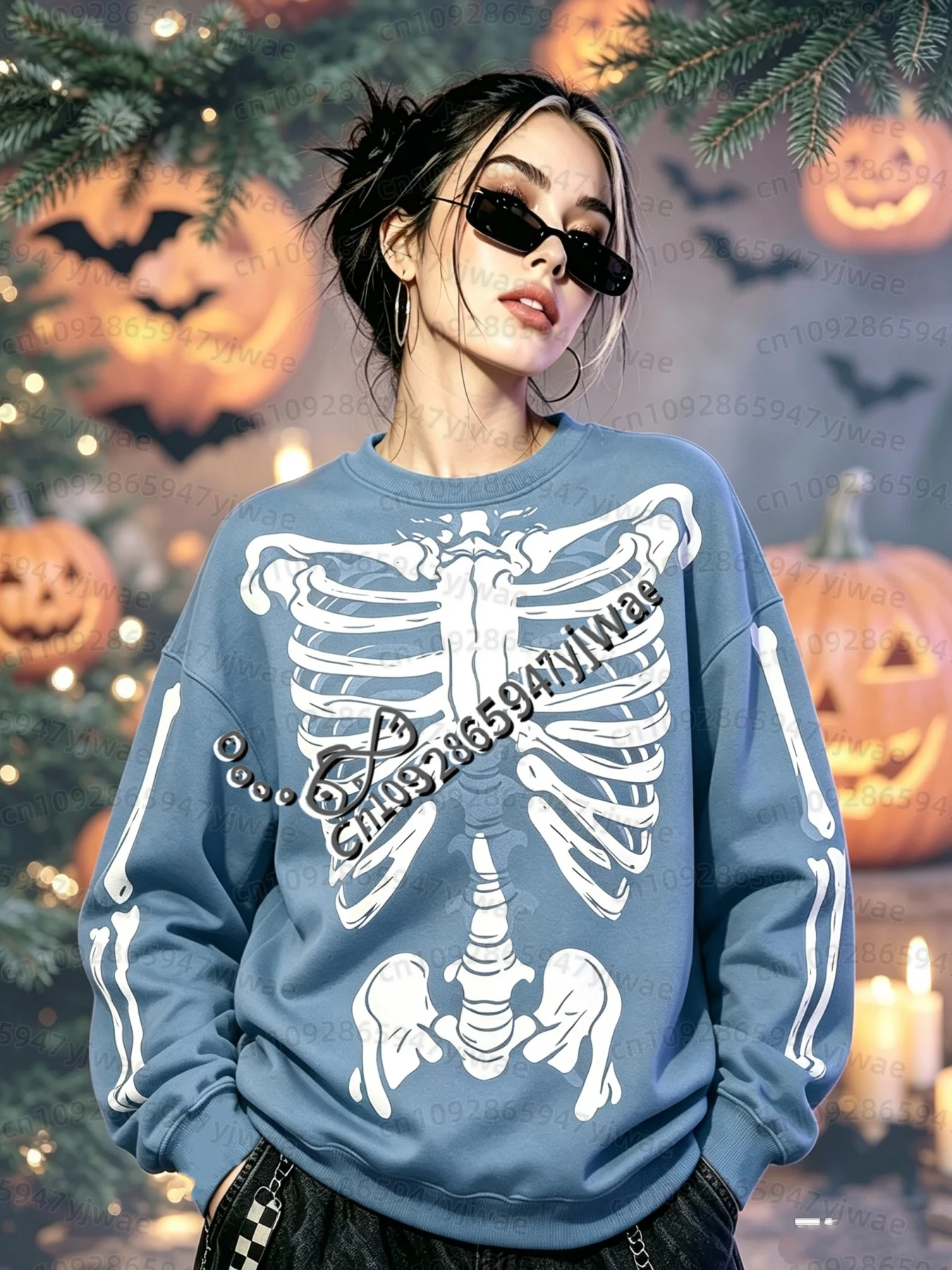 26 Damen Grunge Y2k Oberteile Mädchen Y2k Sweatshirt Goth Damen Hoodies Halloween Cosplay Skelett Knochen Vintage O-Neck Sweatshirt – Detail 10