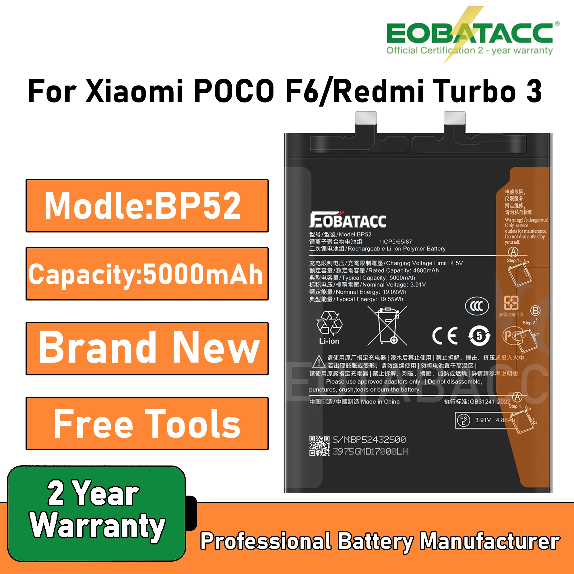 

2025 лет EOBATACC 100% новый для Xiaomi Redmi Turbo 3 Turbo3 POCO F6 24069RA21C BP52 5000 мАч аккумулятор мобильного телефона + бесплатные инструменты