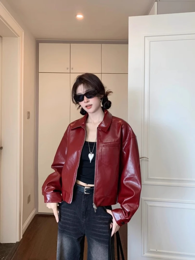 سترة نسائية من الجلد الأحمر بتصميم أمريكي عتيق، سترة قصيرة لراكبي الدراجات النارية، تصميم عالي، مقاس صغير، مادة البولي يوريثا... #4