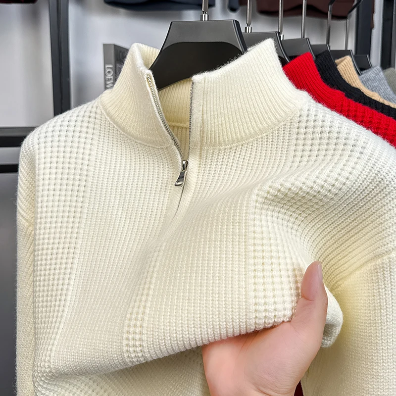 

High quality classic solid color men's sweater fashion zipper semi high collar new luxury thicken warm comfort knitted pullover