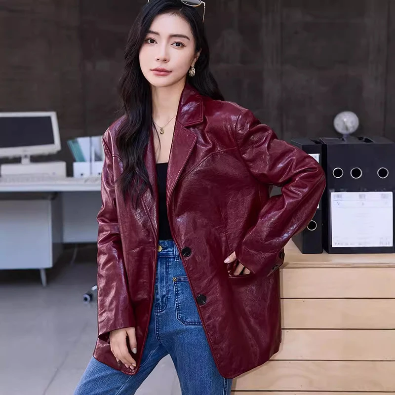 Women\'s Genuine Leather Sheepskin Coats Autumn Lapel Two Buttons Burgundy Long Loose High-Grade Waxed Goatskin Suit Jacket Lady