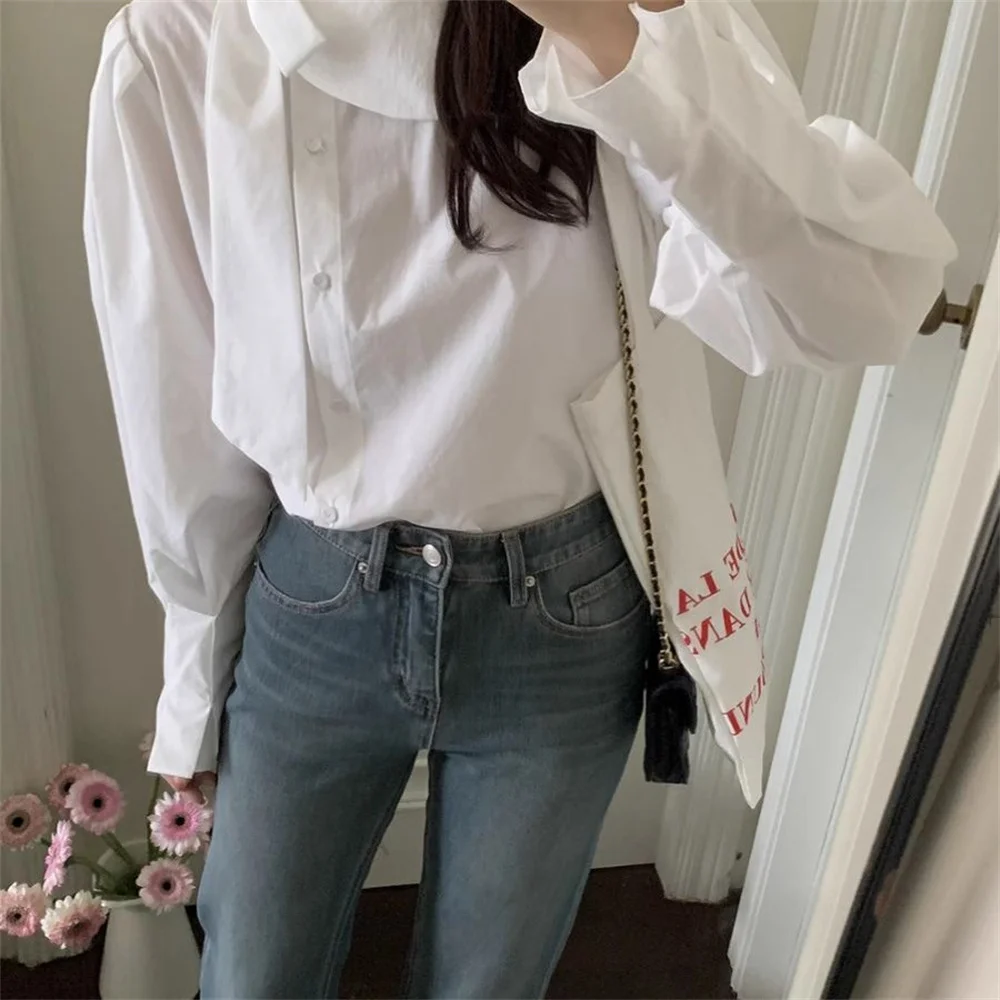

Весенняя женская блузка в стиле преппи: милая корейская рубашка с бантом и кружевной шнуровкой, белая, с рюшами на горловине, длинными рукавами, винтажная
