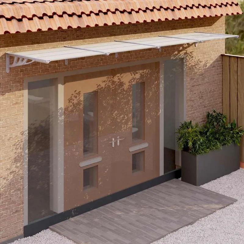 Toldo para puerta gris y transparente de 396x90 cm de policarbonato, para entrada exterior