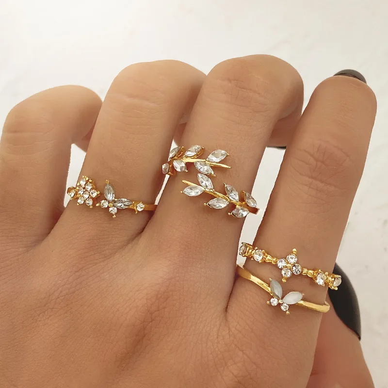 4Pcs/set Bohemian Ring Set for Women Crystal Zircon Leaf Butterfly Flower Wave Geometric Metal Knuckle Ring Jewelry