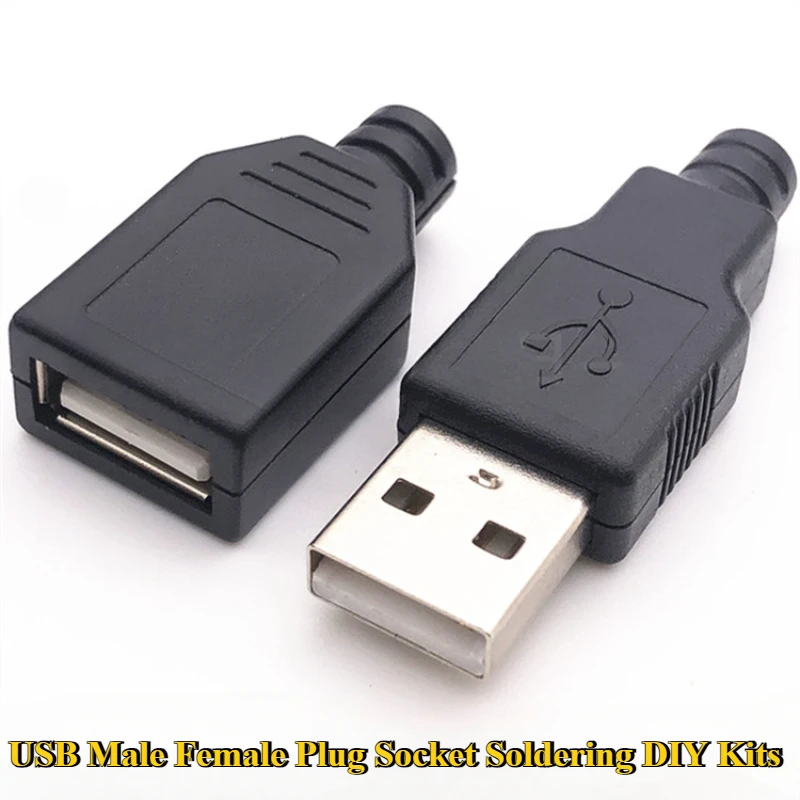 

5-100 Sets/lot Male/Female USB Plug Socket Connector With Black Plastic Cover Adapter Connect USB 2.0 Type-A Soldering DIY Kits