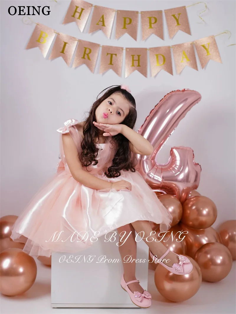 OEING Cute A-Line Pink Flower Girl Dresses Tulle Knee Length Bow Square Collar Birthday Party Girl Dress Kid Gowns Customized