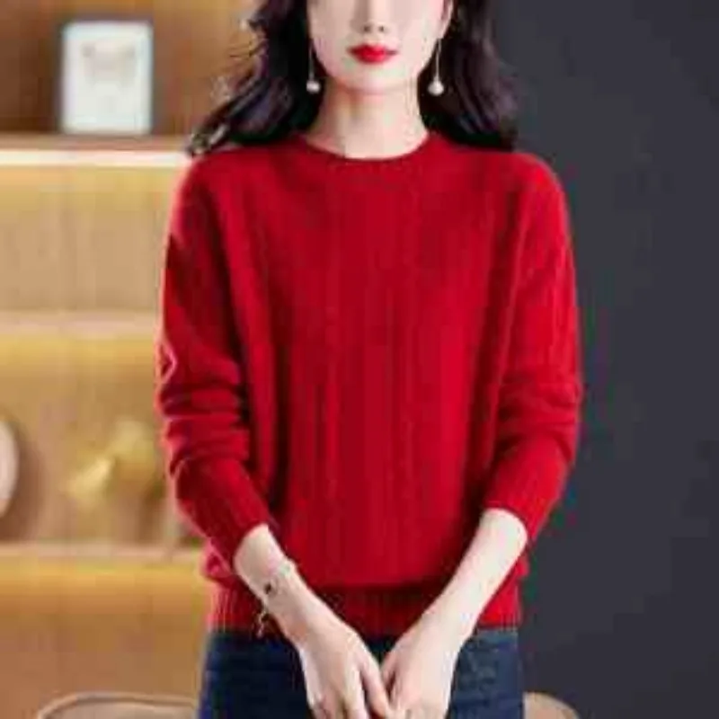 Camicia base spessa lavorata a maglia girocollo autunno inverno nuova mamma Top versatile maglione sciolto tinta unita twist