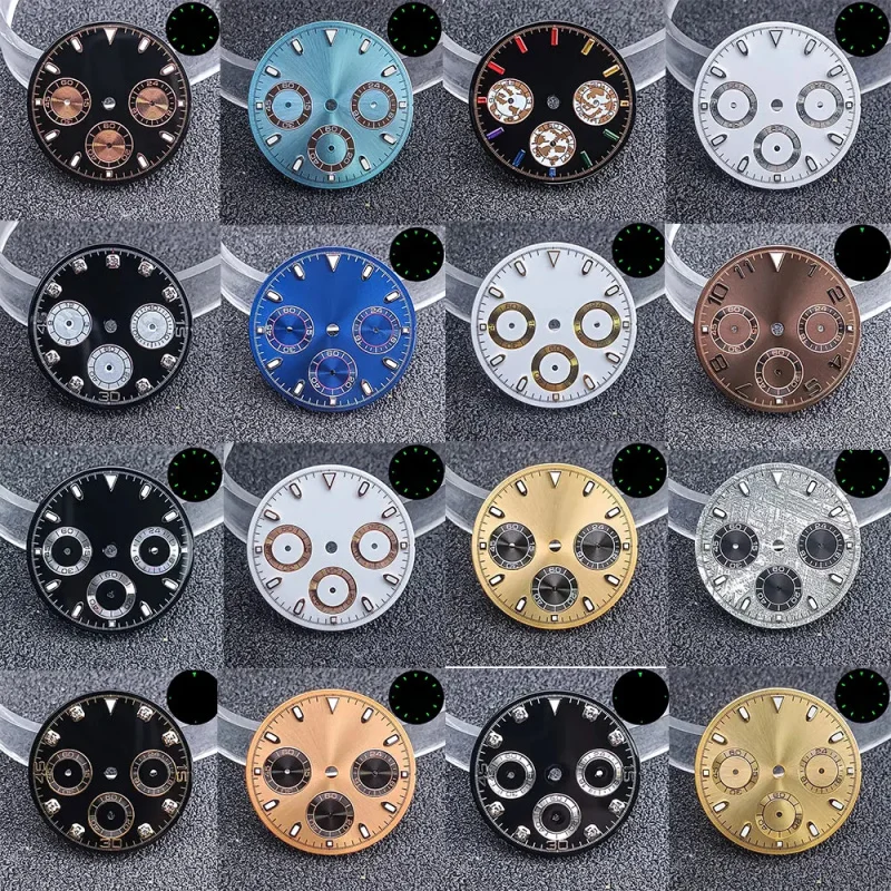 29mm dial daytona panda C3 green night light suitable VK63 quartz movement chronometer watch replacement six hands dial view 3